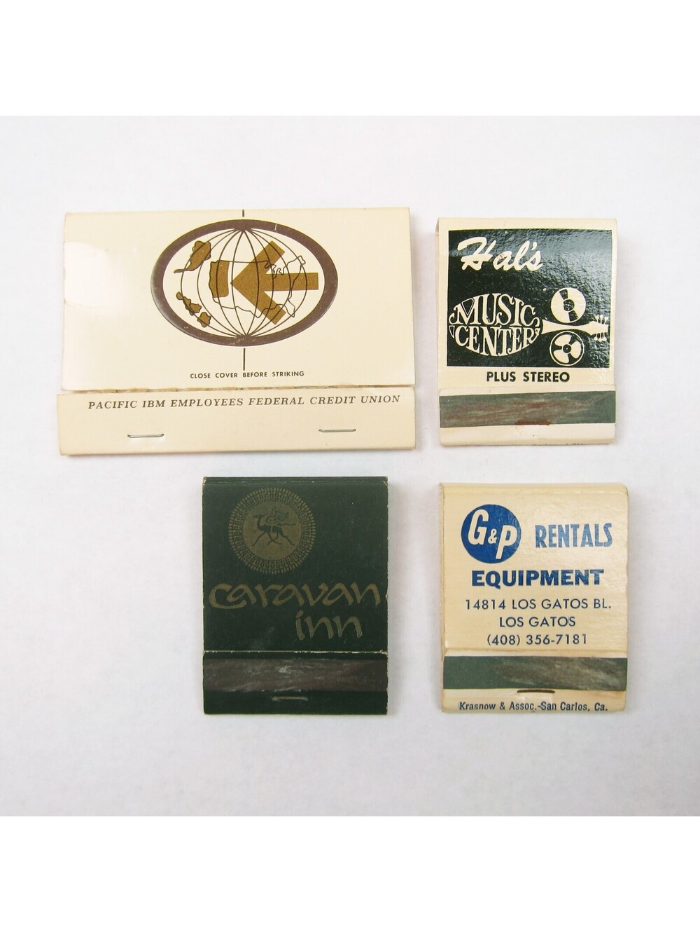 4 Matchbook Covers Pacific IBM Credit Union Hals Music Center Caravan Inn G&P CA